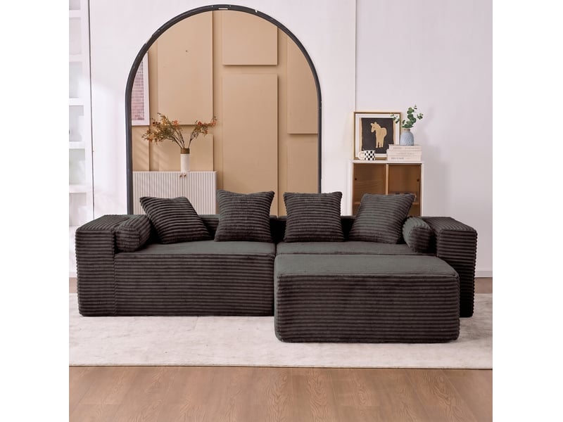 Canapé modulable d’angle compressé 217x110x60 cm 3 places en mousse et velours côtelé couleur noir, moderne - Conforama D