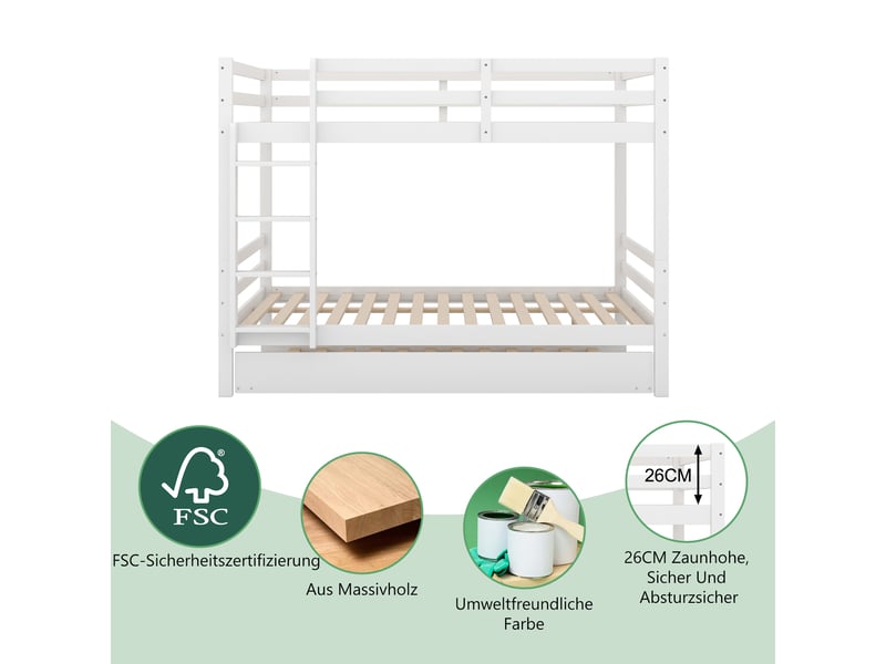  Lit superposé enfant 3 places 140×200 cm, lit gigogne, escalier et barrières  - sans matelas, pin blanc  - Conforama E