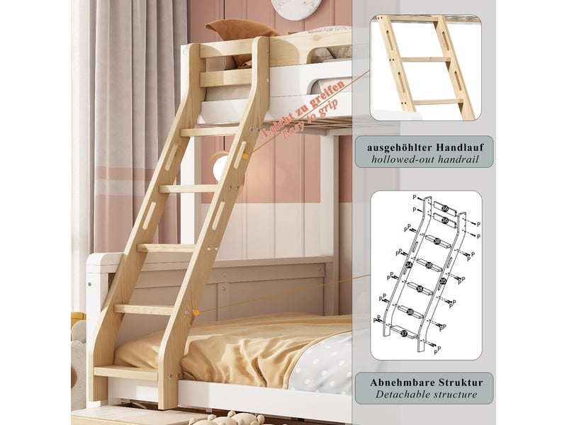 Lit superposé 90x200140x200 cm blanc et naturel, lit enfant en bois avec escalier rangement, échelle, 3 tiroirs et barrières - Conforama E