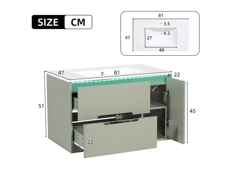 Meuble sous vasque suspendu avec 2 tiroirs, porte, étagères réglables, led pour salle de bain vert 81 × 47 × 51 cm - Conforama C