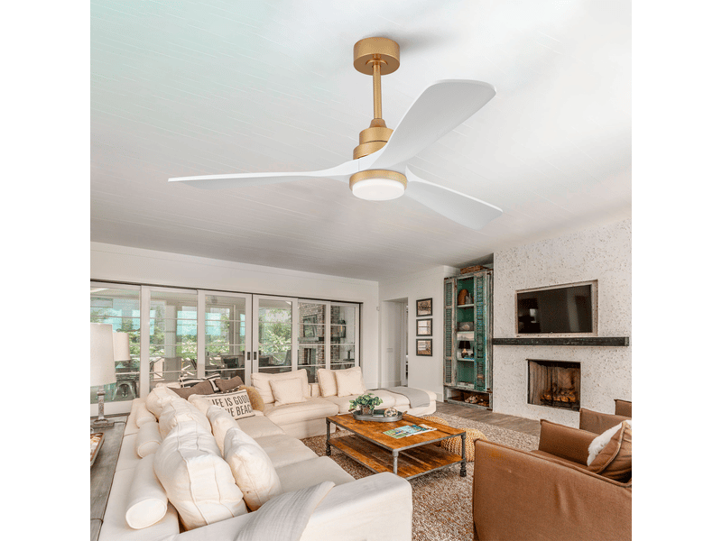  Ventilateur de plafond 132 cm, pales en bois massif blanc et or, avec lumière dimmable et télécommande pour salon et maison de campagne  - Conforama A
