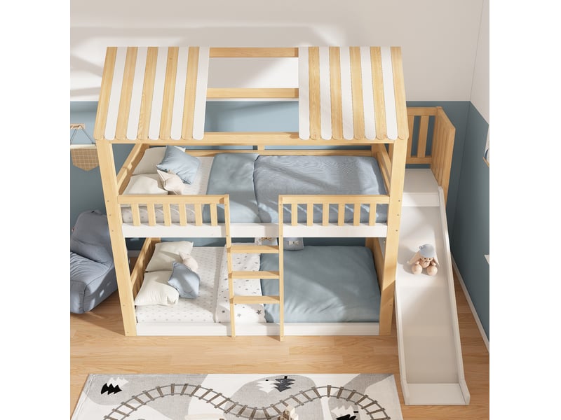  Lit superposé enfant 90x200 cm avec toit, toboggan et étagère blanc naturel  - Conforama D