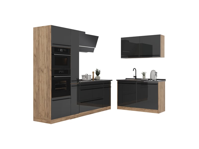 Vicco cuisine en angle, anthracite haute brillancechêne doré, 230 x 120 cm plan de travail marbre - Conforama E
