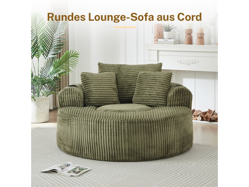  Fauteuil pouf rond avec 3 coussins, 2 porte-gobelets et poches latérales, base antidérapante en velours côtelé vert  - Conforama E