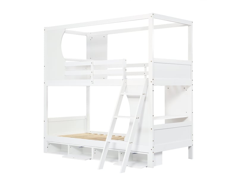 Lit superposé enfant 90x200 cm avec 2 bureaux et meuble à chaussures 4 compartiments, bois, blanc,sans matelas - Conforama D