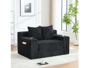 Fauteuil pouf double avec coussins, accoudoirs et poches latérales en velours côtelé noir, 151 × 133 × 64 cm