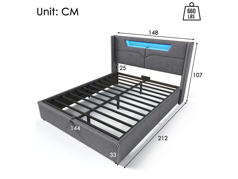  Modenvie lit coffre 140x200 cm - avec led et ports usb-c, matelas et sommier inclus - gris  - Conforama C