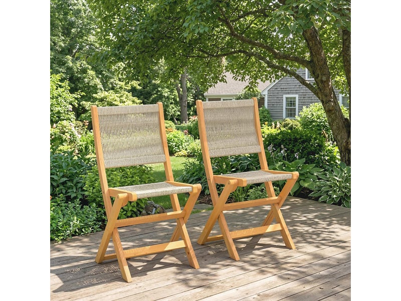 Lot de 2 chaises de jardin pliantes chaises de balcon en bois d'acacia assise en corde tressée naturel et beige - Conforama D