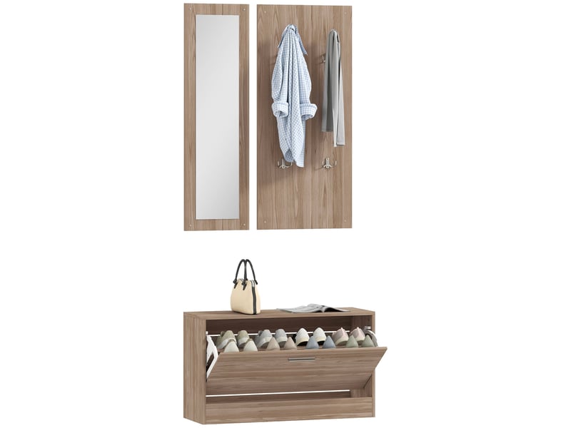  Ensemble entrée 3 pièces : banc à chaussures, porte-manteau mural et miroir, armoire bois, 80×27×46,5 cm, marron foncé  - Conforama A