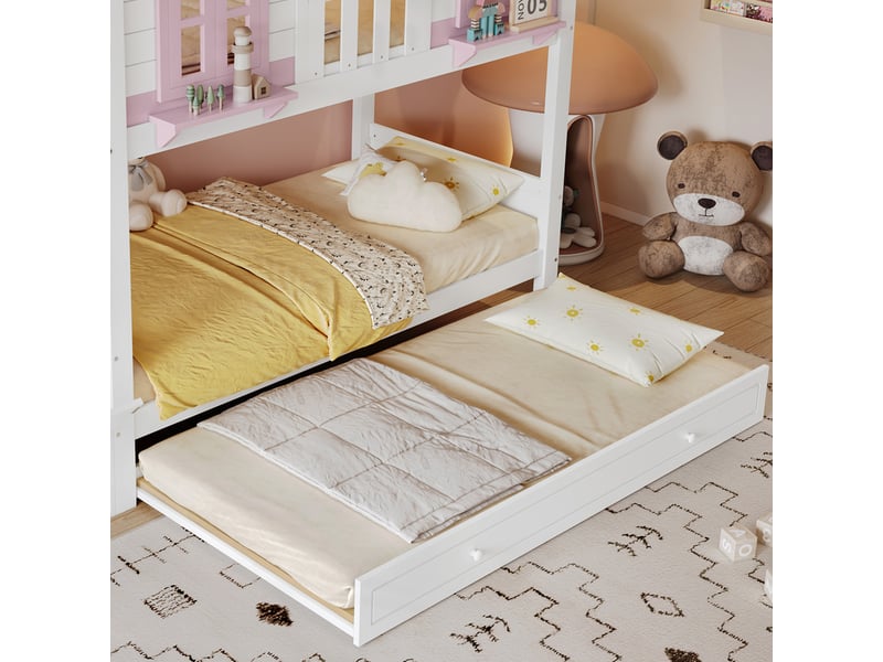 Lit superposé avec lit roulant, espace rangement et fenêtre, structure pin et mdf, blanc et rose, 90 x 200 cm BUBBLY - Conforama B
