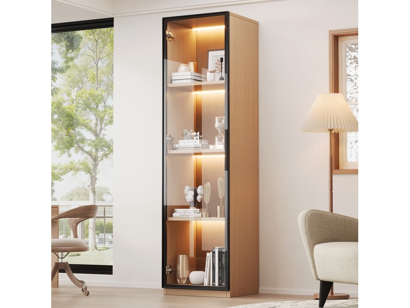  Vitrine haute 40 x 40 x 165 cm – chêne clair – porte en verre trempé, led multicolore, fermeture douce  - Conforama D