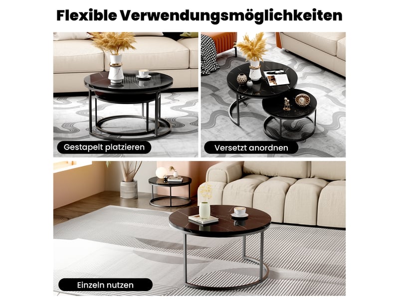  Tcqpz table basse 80x80 cm et 60x60 cm noir effet marbre, lot de 2, structure métal  - Conforama D