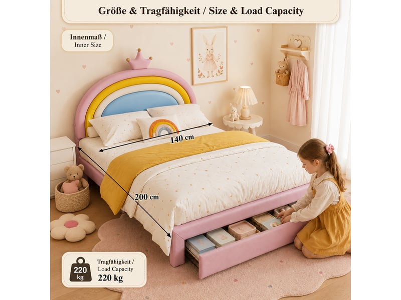  Lit rembourré enfant 140 x 200 cm avec 2 tiroirs, tête de lit arc-en-ciel réglable en hauteur, sommier inclus, similicuir, rose Morn Vibe - Conforama E