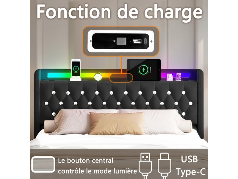  Lit 2 places 160x200 cm noir avec bluetooth, 4 tiroirs, led, ports usb+type-c sans matelas EBD852Q-BK - Conforama R