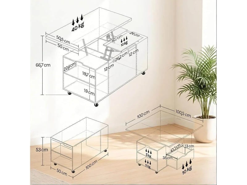  Table basse relevable et extensible 100x50,5x53 cm, 5 roulettes verrouillables, tiroir, bois et métal, chêne clair  - Conforama C