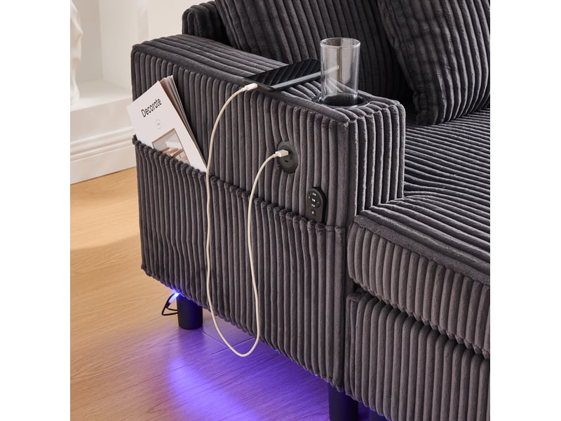  Fauteuil lounge fixe en velours côtelé gris foncé avec led, usb et porte-gobelet, pour vos instants détente à la maison  - Conforama D