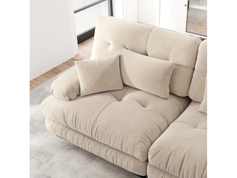  Canapé d’angle modulable 3 places en tissu beige clair, avec ottomans mobiles, confort profond pour salon familial  - Conforama D