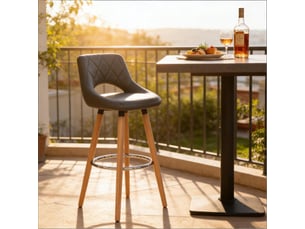 Tabouret de bar ergonomique 43x40x96cm - assise rembourrée en tissu effet cuir - pieds en bois massif avec repose-pieds - gris