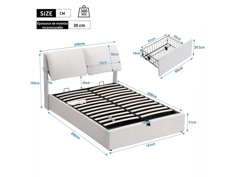  Lit coffre 140x190 cm, lit rembourré en velours beige, avec 3 tiroirs,  rangement hydraulique et tête de lit  - Conforama C