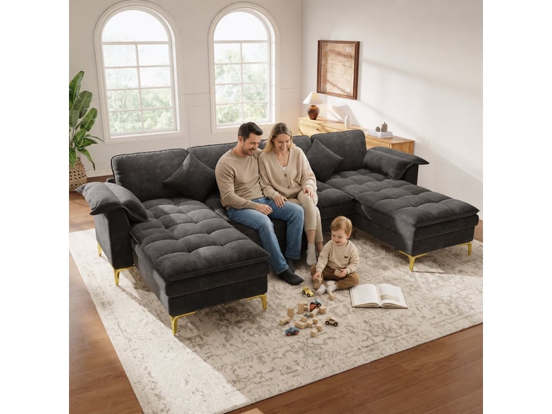  Canapé d'angle modulable en u 4 places, tissu chenille gris avec 2 méridiennes et coussins, pieds en métal doré pour salon, 262cm.  - Conforama B