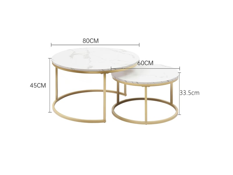  Ensemble de 2 table basse gigogne ronde 80x80x4560x60x33.5 cm, blanc et dore  - Conforama C