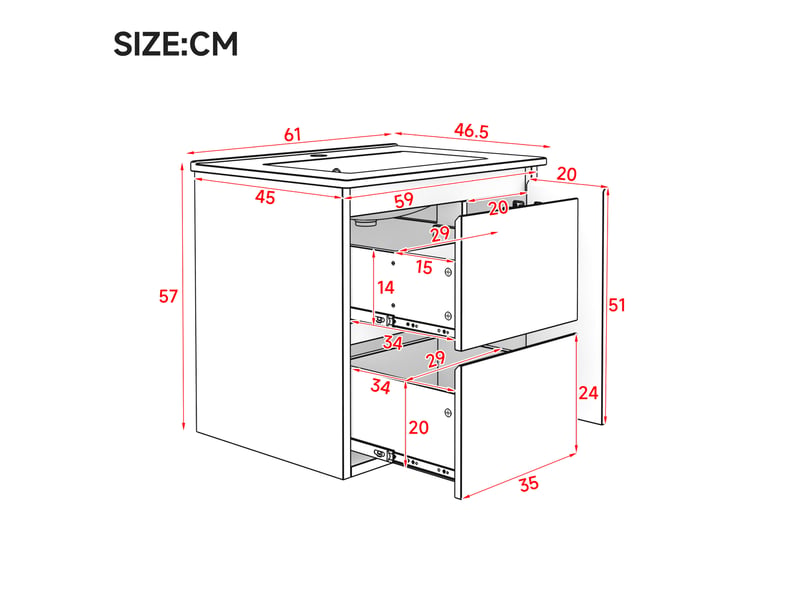 Meuble sous vasque mural led à capteur avec 2 tiroirs et placard à fermeture douce pour salle de bain, 61 × 46,5 × 57 cm - Conforama E