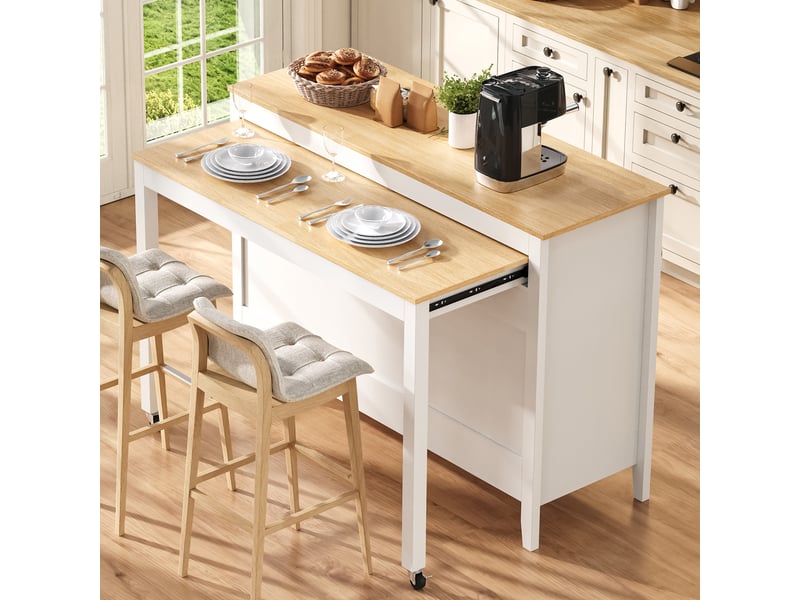  Îlot de cuisine avec table escamotable muvano, blanc et aspect bois clair, 120 × 40–76 × 92 cm  - Conforama D