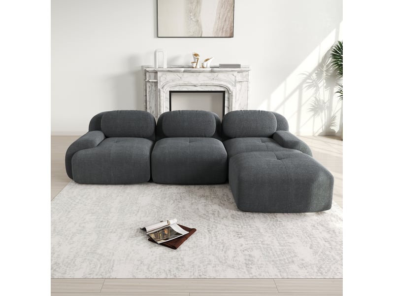 Canapé d'angle ulevr modulaire 3 places sans montage, velours côtelé gris, mousse 32d, 298 x 178 x 70 cm - Conforama D