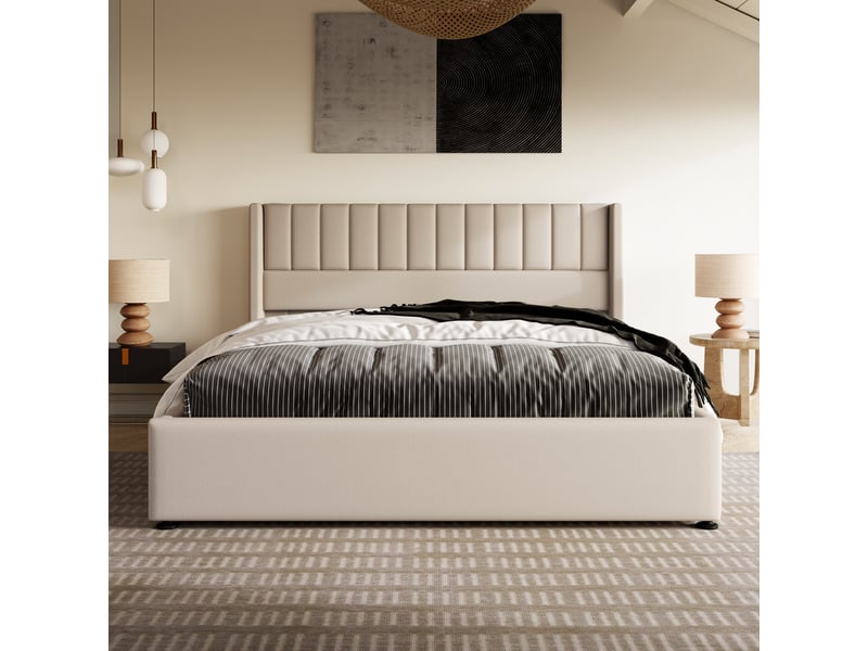 Lit coffre 140x200 cm en lin avec tête de lit à bandes verticales et rangement hydraulique, beige Fay Lum - Conforama D