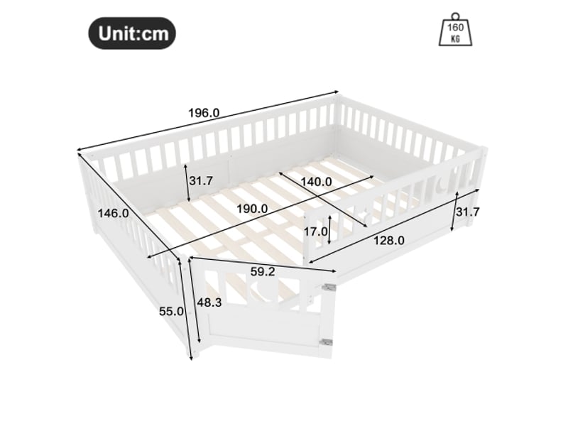  Lit à panneaux, 140 x 190 cm, lit enfant avec barrière de sécurité, décor étoiles et lune, sans matelas, style minimaliste, blanc  - Conforama C