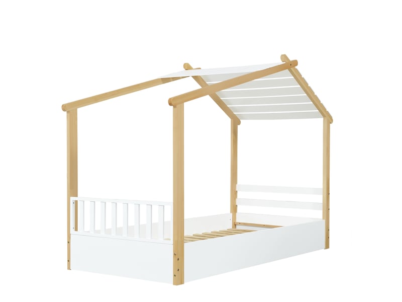  Lit en bois, lit enfant, lit simple, design raffiné de maison en bois, sommier à lattes robuste, design épuré, pin + panneaux de particules + mdf, blanc + naturel, 90 x 200 cm  - Conforama E