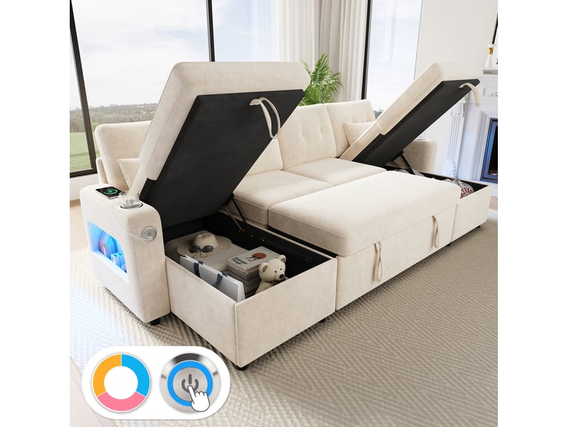 Canapé d'angle convertible 266x131x85 cm avec rangement, usb et led, beige  - Conforama D