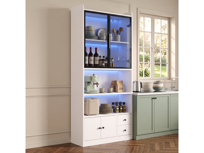 Vitrine avec portes en verre fumé, tiroirs et led rvb pilotée par application pour salon, salle à manger ou bureau - Conforama C