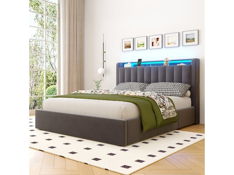 Lit coffre ulevr 140 x 190 cm avec rangement, port usb et éclairage led, velours gris foncé - Conforama D
