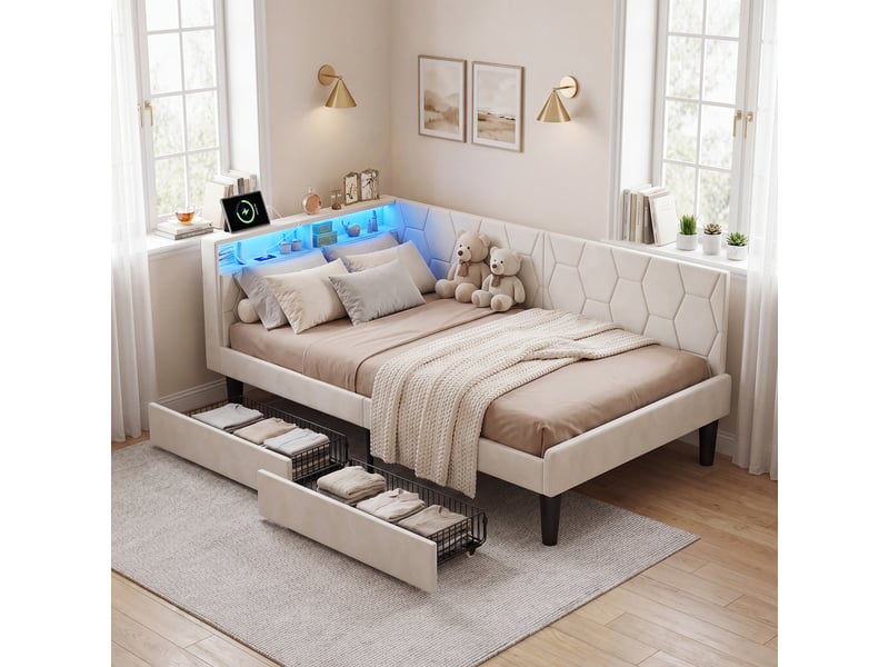 Lit 90x200 avec sommier, lit gigogne avec 2 tiroirs,canape lit avec led et ports usb, cadre lit 1 personne pour adosadulte,beige velours - Conforama B