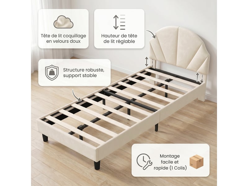  Lit simple 90x190 cm, lit enfant avec tête de lit coquillage réglable, lit capitonné en velours avec sommier, beige  - Conforama C