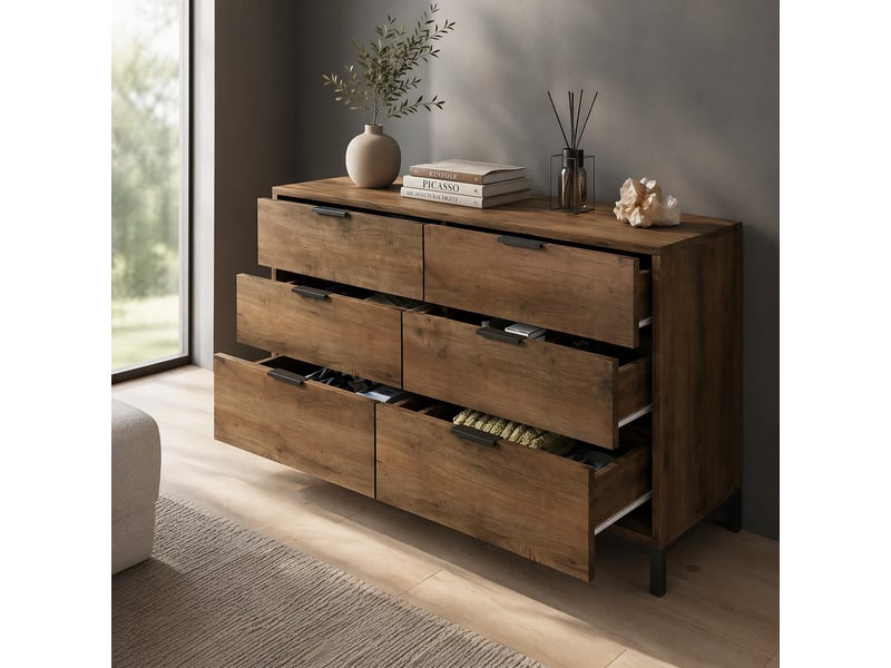  Commode ulevr avec rangement, 6 tiroirs, 120 x 40 x 76 cm, pieds et poignées en métal, panneau de particules, chêne foncé  - Conforama B