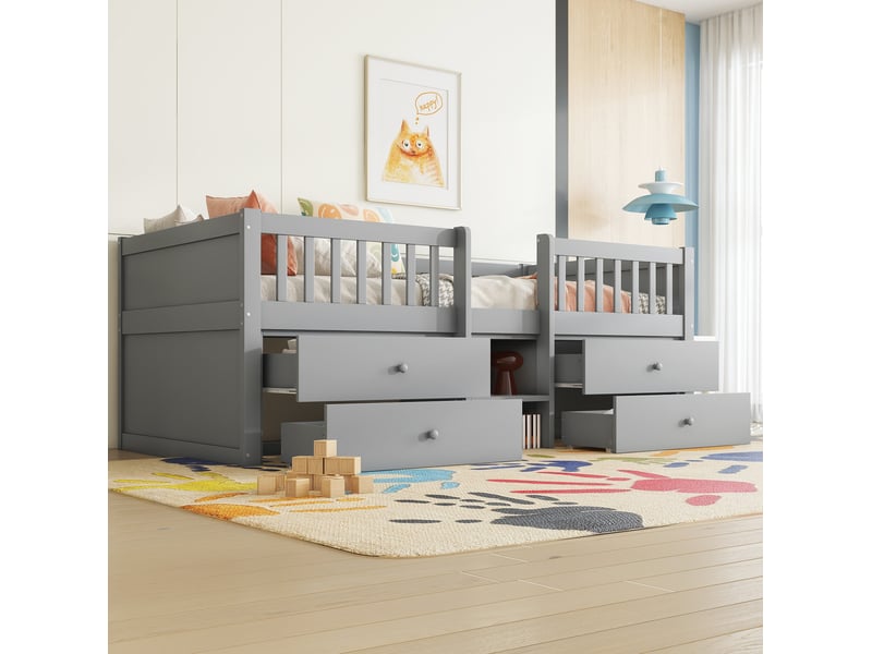  Lit enfant mi-hauteur 90 x 200 cm avec 4 tiroirs, échelle, barrières, bois et mdf, gris  - Conforama D