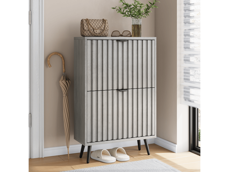  Meuble à chaussures gris 60x24x94 cm avec portes abattantes et panneaux rainurés mdf pour entrée et couloir  - Conforama E