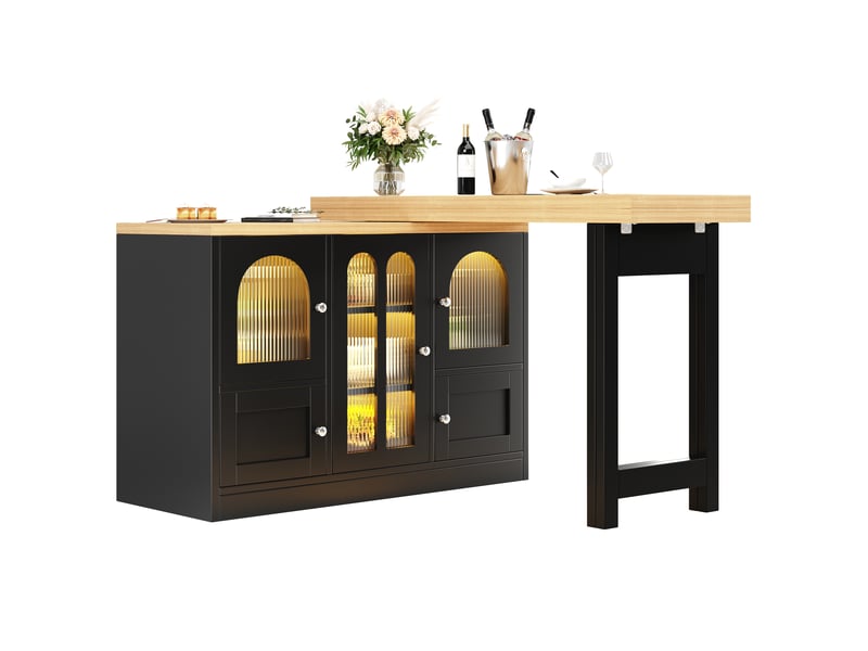  Îlot de cuisine extensible 120-197 cm, table pivotante, portes vitrées, éclairage led rgb, noir, style contemporain  - Conforama A
