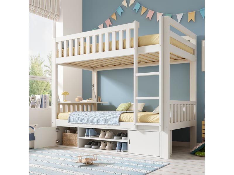 Lit superposé enfant 90x200cm, lit 2 place avec table rabattable, placards et range-chaussures, bois, blanc sans matelas  - Conforama W