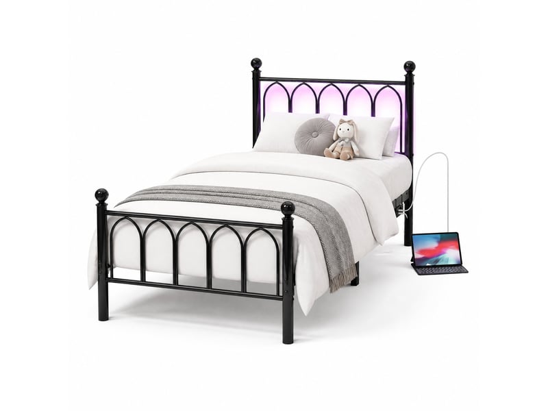  Lit enfant simple 90x200 cm en métal noir avec led, usb et prise  - Conforama A
