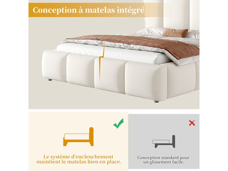 Lit double rembourré 180x200cm, mécanisme hydraulique, sommier lattes, tête de lit et grand rangement, blanc bouclé  - Conforama E