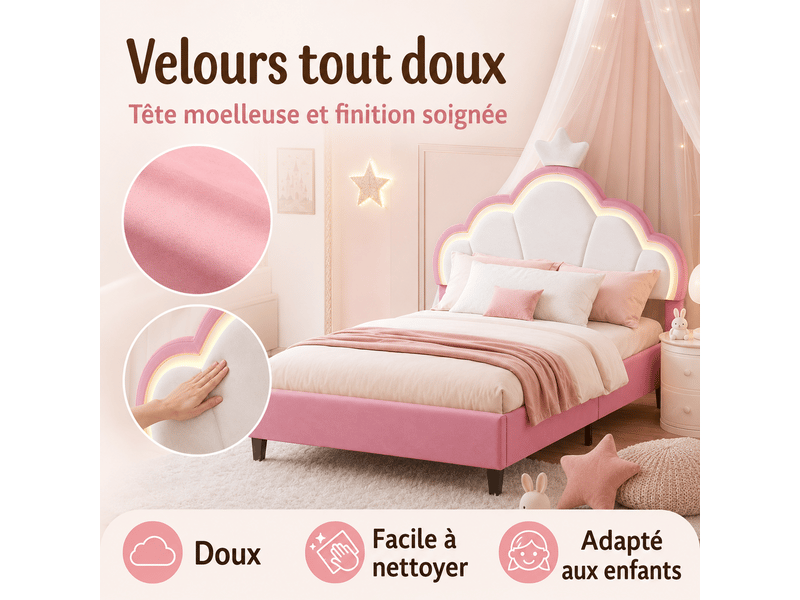 Lit capitonné 90 x 190 cm, lit enfant avec sommiers à lattes et dossier,cadre de lit pour fille, lit enfant 90x190 cm, lumière led, lit fille avec tête de lit réglable en hauteur, décor couronne, lit rembourré enfant, 1 person… - Conforama D