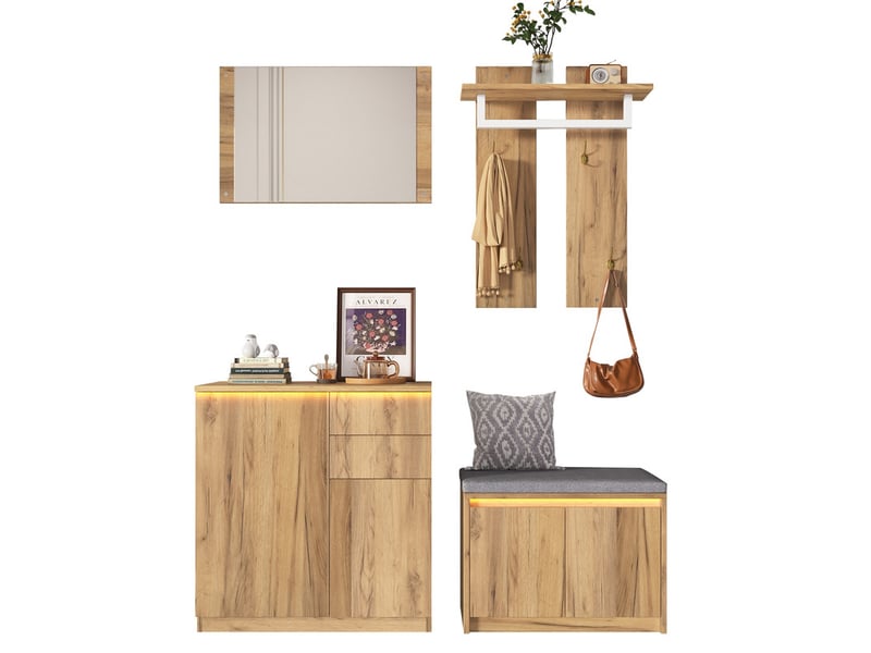  Meuble à chaussures, combinaison de couloir pratique avec miroir, barre, patères, armoire et banc à chaussures, led intégrée, 130x35x124,5 cm, teinte naturelle  - Conforama A