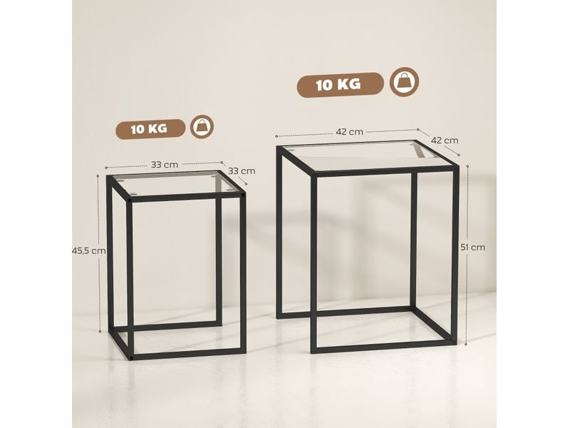 Tables gigognes de salon avec 2 tables, structure empilable, plateau en verre trempé et pieds en acier, noir  - Conforama D