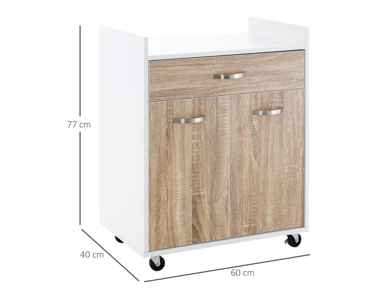  Chariot de service desserte de cuisine à roulettes tiroir placard 2 portes étagère en bois aspect blanc chêne clair  - Conforama C