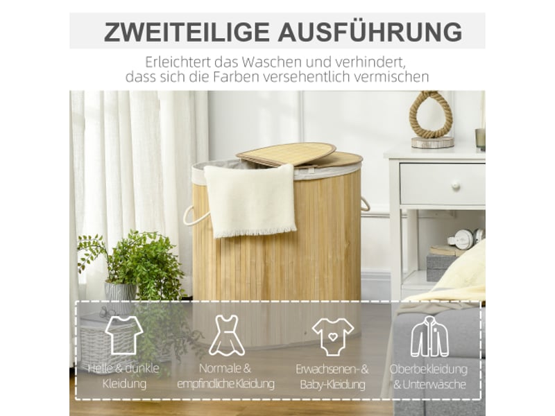 Panier à linge bambou naturel avec couvercle et 2 compartiments, sacs amovibles pour tri du linge - Conforama D