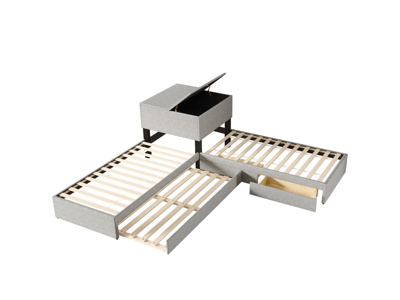  Lit d'angle, deux lits simples avec lit gigogne, lit capitonné, lit fonctionnel avec rangement, avec armoire de rangement, avec tiroir de rangement, avec lit gigogne, 90 x 200 cm, sans matelas, linge de maison, gris  - Conforama E