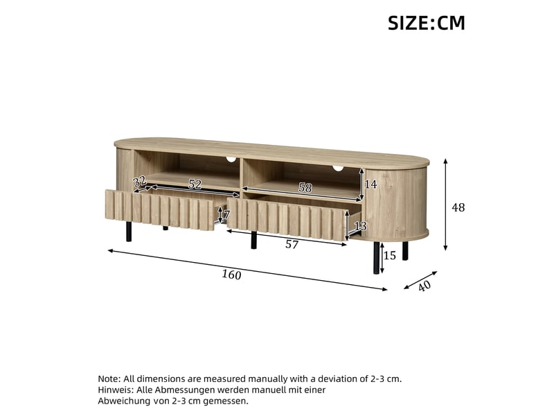  Meuble tv 160 x 40 x 48 cm – 2 placards et 2 tiroirs – mdf – 5 pieds – jusqu’à 65 pouces – bois naturel  - Conforama C